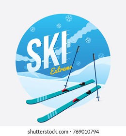 Skis on the snowy mountains in winter vacation. Vector of winter sport 