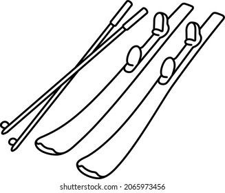 Skis and poles on snow. Vector outline illustration.