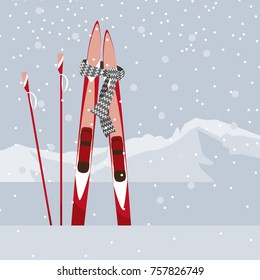 Skis with a scarf on the background of winter mountains and snow. Vector illustration.
