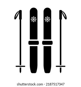 Skis and ski poles icon. Black silhouette. Vertical front side view. Vector simple flat graphic illustration. Isolated object on a white background. Isolate.
