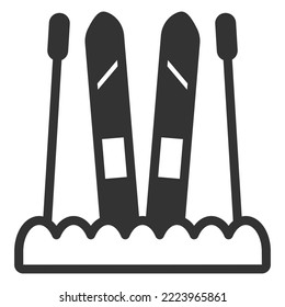 Skis and ski poles in the snow - icon, illustration on white background, glyph style