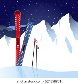 Skis and ski poles in the snow on mountain background.Vector illustration.