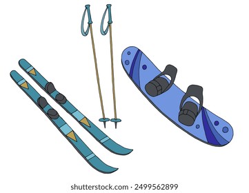 Skis snowboard set graphic color sport sketch isolated illustration vector
