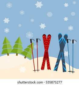 skis stick out of snow before a spruce. invitation to the ski resort concept. Vector illustration