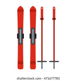 Skis and sticks icon in flat style isolated on white background. Winter entertainment symbol