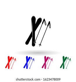 Skis and a sticks multi color icon. Simple glyph, flat vector of winter icons for ui and ux, website or mobile application on white background