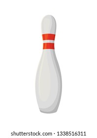 Skittle with red stripes, vertically standing of white pin, element for bowling game, glossy white bowl. Hit object, competition and tenpins strike vector