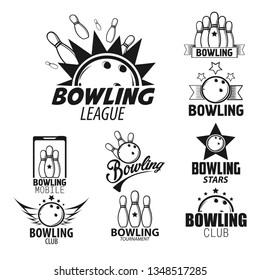 Skittles and ball bowling league isolated monochrome icons vector sport tournament or competition strike or score hobby and leisure sporting equipment championship emblem or logo game or entertainment