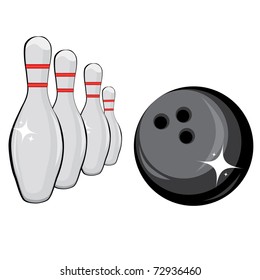 Skittles and black ball on white background, bowling