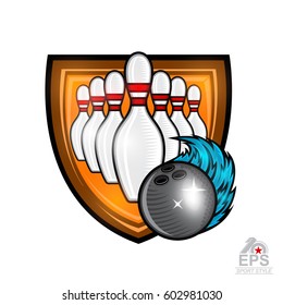 Skittles for bowling and ball with blue wind trail in center of shield. Sport logo for any team or championship on white