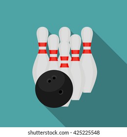 Skittles and Bowling Ball Flat Style Icon with Long Shadow Vector Illustration