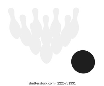 Skittles and bowling ball silhouette from black lines isolated on white background. Front view. Vector illustration.