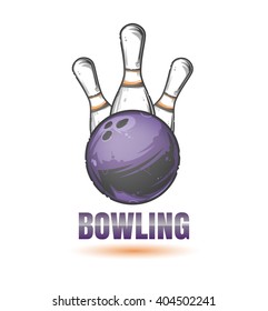 Skittles and bowling ball. Vector emblem. Template for t-shirts, cafe , club, or your design.