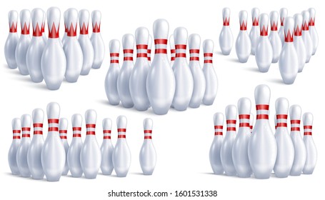 Skittles for bowling. Five sets of ten in each, arranged for the game. Different angles and types. In realistic 3D style isolated on white background. Vector illustration.