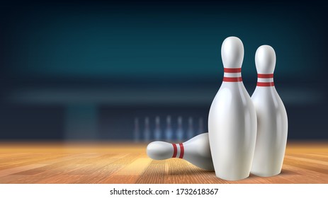 Skittles close-up in a bowling alley on a wooden floor with blurry background