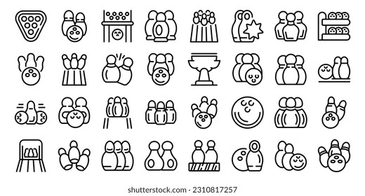 Skittles icons set outline vector. Sport game. Alley equipment