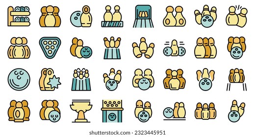Skittles icons set outline vector. Sport game. Alley equipment thin line color flat on white