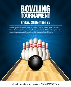 Skittles on bowling alley, bowling tournament poster with court, vector