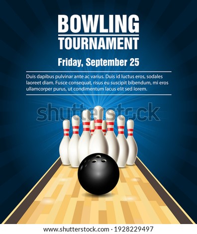 Skittles on bowling alley, bowling tournament poster with court, vector