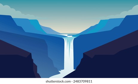 Skjalfandafljot river, Iceland, Europe. Panoramic morning view of Godafoss, spectacular waterfall plunging over a curved, flat vector illustration.