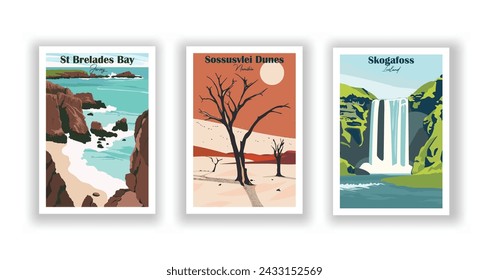 Skogafoss, Iceland. Sossusvlei Dunes, Namibia. St Brelades Bay, Jersey - Set of 3 Vintage Travel Posters. Vector illustration. High Quality Prints