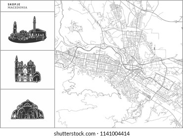 Skopje city map with hand-drawn architecture icons. All drawigns, map and background separated for easy color change. Easy repositioning in vector version.