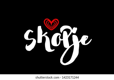Skopje city text with red love heart design on black background for typographic logo icon design