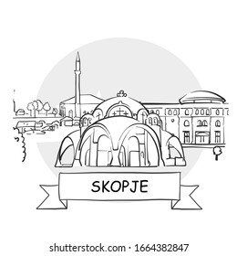 Skopje Cityscape Vector Sign. Line Art Illustration with Ribbon and Title.