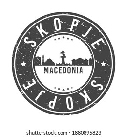 Skopje, North Macedonia Skyline Stamp. Round Postmark Icon City Design. Vector Landmark Travel Badge.