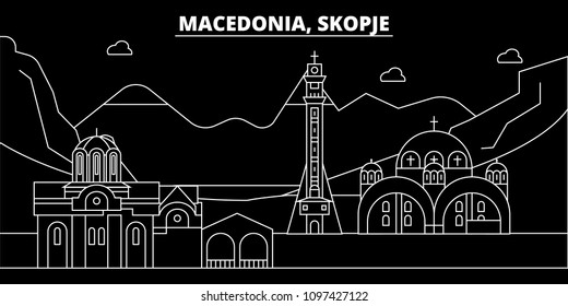 Skopje silhouette skyline. Macedonia - Skopje vector city, macedonian linear architecture, buildings. Skopje travel illustration, outline landmarks. Macedonia flat icon, macedonian line banner