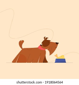 Patrona de Skotch con tazón de comida para perros, hueso, vista lateral. Ilustración de dibujos animados planos vectoriales