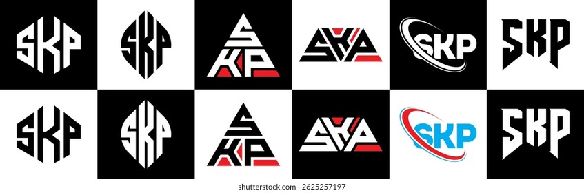 SKP letter logo design in six style. SKP polygon, circle, triangle, hexagon, flat and simple style with black and white color variation letter logo set in one artboard. SKP minimalist and classic logo