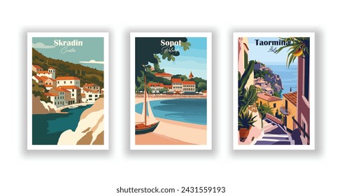 Skradin, Croacia. Sopot, Polonia. Taormina, Italia - Set de 3 Carteles de Viajes Vintage. Ilustración vectorial. Impresiones de alta calidad