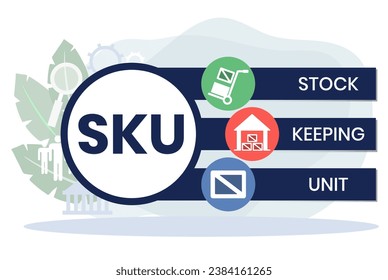 SKU - Stock Keeping Unit acronym. business concept background. vector illustration concept with keywords and icons. lettering illustration with icons for web banner, flyer, landing page