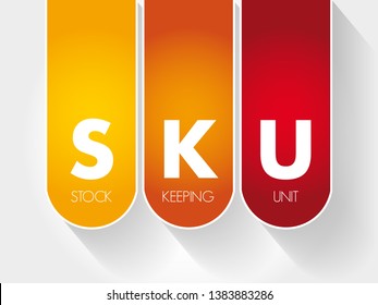 SKU Stock Keeping Unit - scannable bar code, seen printed on product labels in a retail store, acronym text concept background