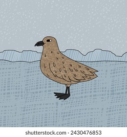 Skua bird is on the snow. Vector hand drawn cartoon childish illustration on the blue background. Polar animal in Antarctica with textures