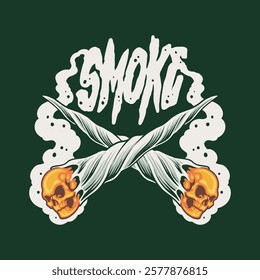 skul burning smoke weed vector illustration for tshirt design, logo, or stickers