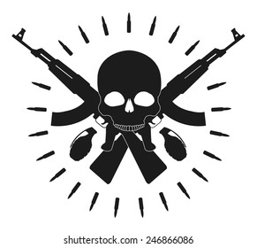 Skull 2 grenades 2 crossed assault rifles and bullets emblem. Vector clip art illustration isolated on white