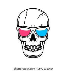 SKULL WITH 3D GLASSES BLACK WHITE BACKGROUND