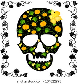 skull about flowers and pumpkins