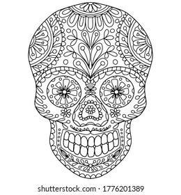 skull with abstract flowers and folk style ornaments drawn on a white background for coloring, vector, day of the dead