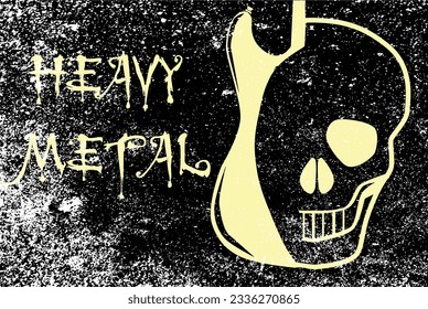 A skull and abstract guitar set with grunge over black with the text Heavy Netal