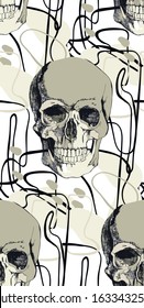 Skull and abstract lines on white background. Typographic graphic print