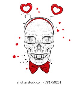 Skull in accessories with hearts. Vector illustration for a postcard or a poster, print for clothes. Valentine's Day, love and friendship.