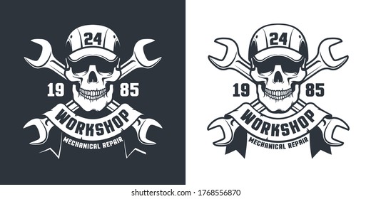 Skull and adjustable wrench - Repair car service vintage logo . Auto Mechanical workshop retro tattoo - skeleton handyman in cap and tools. Vector illustration.