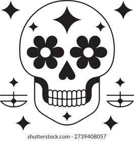 Skull adorned with flowers and celestial stars in a minimalist black and white design isolated on white background, illustration