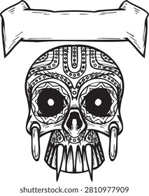 Skull adorned with intricate, ornate patterns. Eyes wide, mouth agape, fangs jut out. Banner above invites customization or text. Symbol of death, mystery, or cultural celebration