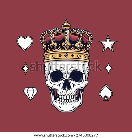 A skull adorned with a royal crown and card suit symbols against a maroon background