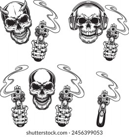 Skull aiming with revolvers vector art.