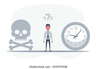 skull with alarm clock, business concept to Worked to death. Cartoon Vector Illustration.